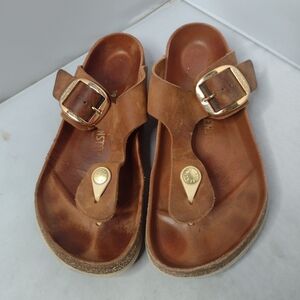 Birkenstock Women's Gizeh Big Buckle Cognaс Slide Sandals 39 Gold Tan Cork C